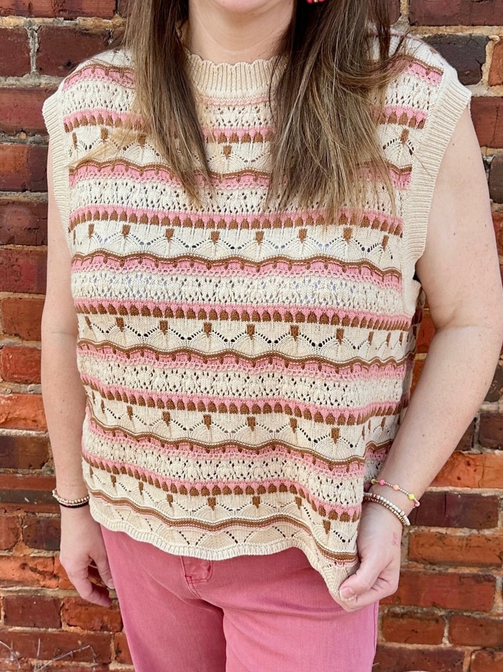 Polagram Cream and Pink Knit Sleeveless Sweater Vest - Picture 3 of 3